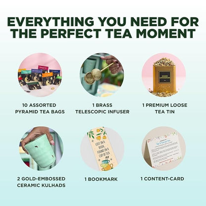 CHAYAM Tea Lover's Luxury Gift Basket with Cups & Infuser | 10 Assorted Tea Bags, Ginger Lemongrass Herbal Loose Leaf 50g/1.76oz, 2 Mugs & Lead-Free Premium Brass Infuser | Self-Care Gifts for Mom and Her