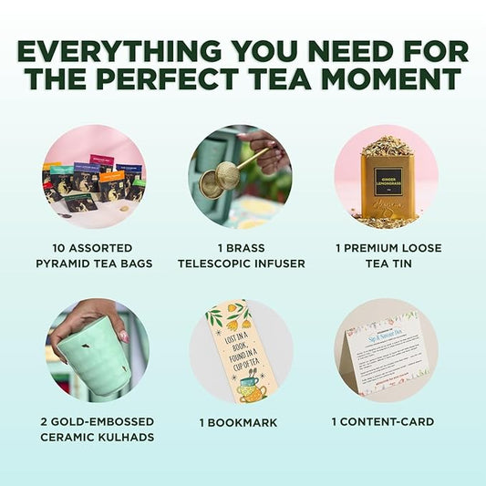 CHAYAM Tea Lover's Luxury Gift Basket with Cups & Infuser | 10 Assorted Tea Bags, Ginger Lemongrass Herbal Loose Leaf 50g/1.76oz, 2 Mugs & Lead-Free Premium Brass Infuser | Self-Care Gifts for Mom and Her