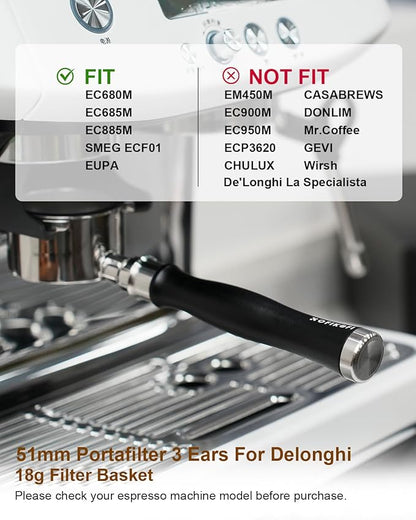 51mm Bottomless Portafilter 3 Ears Compatible with Delonghi Dedica EC680/EC685/EC885 and SMEG, EUPA Espresso Machines, Espresso Naked Bottomless Portafilter with Puck Screen and 18g Filter Basket