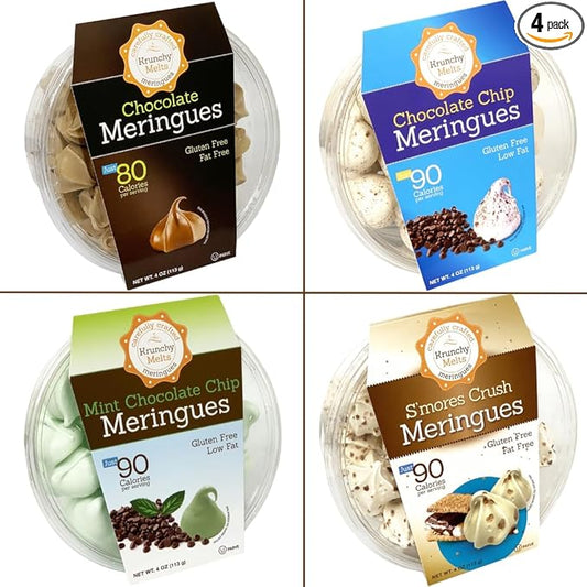 4 Pack Krunchy Melts Original Meringue Cookies | Chocolate Extravaganza 4-Pack | Chocolate, Chocolate Chip, Mint Chocolate Chip, S’mores Crush | Only 80-90 Calories Per Serving | Low Fat/Fat Free, Gluten Free, Dairy Free (4 Oz)