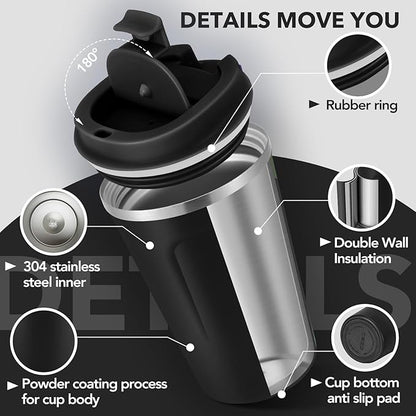 Volhoply 12 oz Double Wall Insulated Vacuum Travel Coffee Mug with Flip Lid,Reusable Stainless Steel Leak Proof Coffee Cup,Portable Iced Cafe Thermal Tumbler Suitable for Hot&Cold Drinks(Black,1 Set)