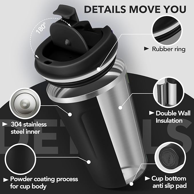 Volhoply 12 oz Double Wall Insulated Vacuum Travel Coffee Mug with Flip Lid Bulk 8 Pack,Reusable Stainless Steel Leak Proof Coffee Cup,Portable Cafe Thermal Tumblers for Hot & Cold Drinks(Black,8 Set)