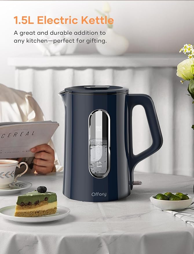 Offacy Electric Kettle, Tea Kettle Pot, Double Wall Glass Inner 1.5L/1200W, Hot Water Kettle Teapot Boiler & Heater with Automatic Shut Off, BPA-Free & LED Indicator Lights (Navy Blue)