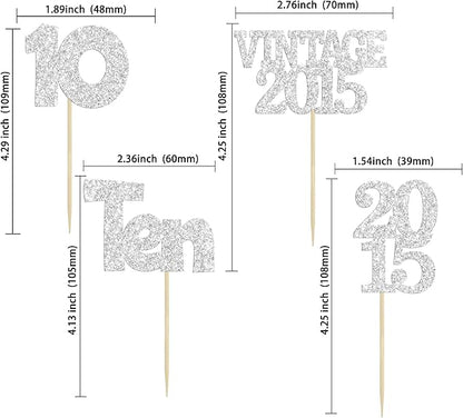 Gyufise 24Pcs 10th Birthday Cupcake Toppers Glitter Ten Vintage 2015 Hello 10 Years Birthday 10 Cupcake Picks Double Digits Cake Decorations for Happy 10th Birthday Anniversary Party Supplies Silver