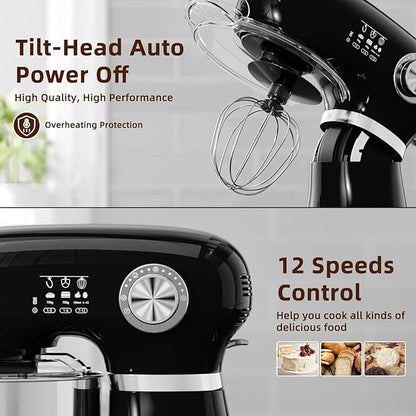 Cowsar Stand Mixer, 12 Speeds Tilt-Head Electric Commercial Stand Mixer, 3-In-1 Kitchen Mixer with Bowl, Dough Hook, Whisk and Beater, Black
