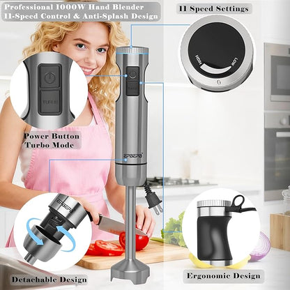 Handheld Immersion Blender, 1000W Powerful 10-in-1 Set for Smoothies,Orange Juicer, Egg Beater, Dough Hook, Vegetable Chopper, Potato Masher (11th Accessory Not Recommended)