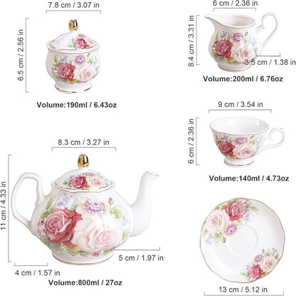 fanquare European Porcelain Coffee Set, Pink Women Tea Set, Bone China Tea Set, Vintage Floral Coffee Tea Pot with Cups