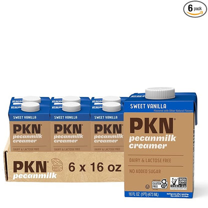 PKN Sweet Vanilla Pecan Milk Creamer, Plant-Based, Vegan, Dairy-Free, No Gums or Oils, Keto-Friendly, Barista-Approved, Shelf-Stable, 16oz Six-Pack