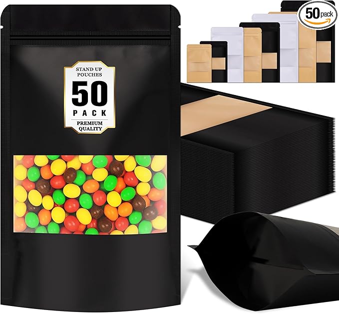 Jetmore-50pcs-Smell-Proof-Bag, Resealable Zip Lock Bags Various Sizes, Reusable Snack Bags, Stand Up Packing Bags with Window, Small Brown Paper Pouches for Candy, Nuts, Spice, Sample, Product