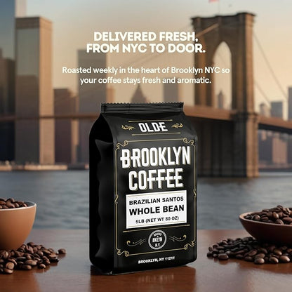BROOKLYN COFFEE Whole Bean, Brazilian Santos Medium Roast (5lb) American, Breakfast, Classic - Fresh Bulk Coffee Beans Roasted Weekly in NYC
