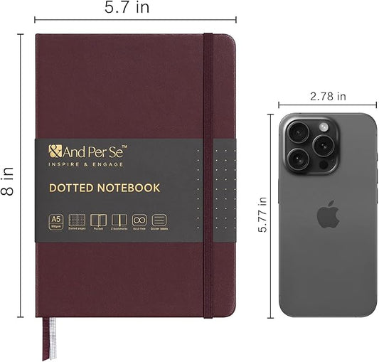 &And Per Se Dotted Journal Notebook, A5 Hardcover Leather Bullet Dotted Journal, 160 Pages 100 gsm Thick Paper，3 Sheets of Stickers Included - 5.7'' x 8''（Dark Red）