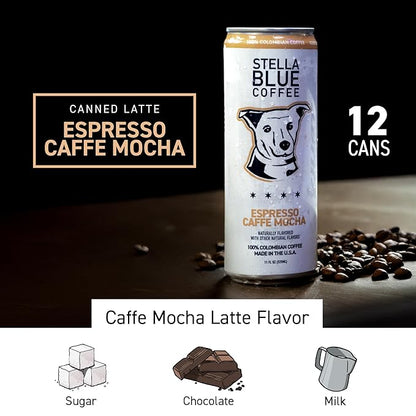 Stella Blue Espresso Caffe Mocha, 100% Colombian Coffee, 190mg Natural Caffeine, Good Source of Protein, Ready-to-Drink Coffee Energy Beverage, 11oz Can, 12 Pack