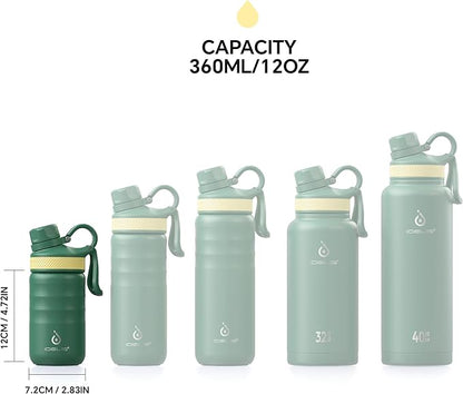 IDEUS Insulated Water Bottle 12oz, Stainless Steel Insulated Water Bottle For School, Insulated Bottles With Straws Leakproof, Vacuum Double Wall Water Bottles For Boys And Girls With 2 Lids, BPA Free