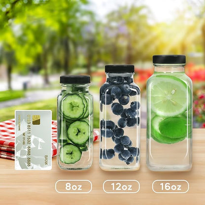 STARSIDE 12 oz Glass Juice Bottles with Lids 6 Pack - Square Reusable Drinking Jars for Juicing, Milk, Kombucha - Includes 1 Bottle Brush, 6 Colored Labels