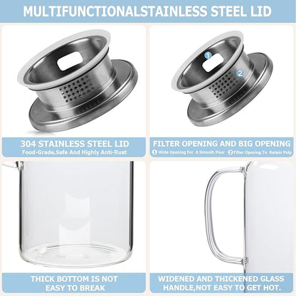 Yirilan Glass Pitcher, 1.8 Liter Water Pitcher with Lid, Beverage Pitchers for Hot, Cold Water, Iced Tea and Juice Drink with Cup Brush