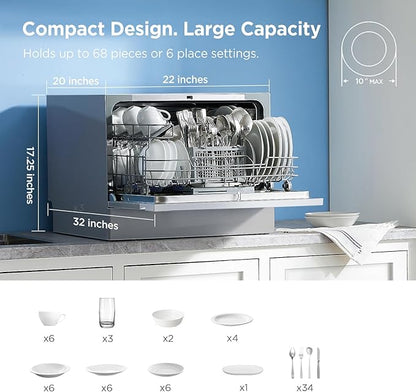 Midea MDC22P2ASS Countertop, Portable Place Settings & 6+2 Washing Cycles. Energy Star Dishwasher, Dish Washer for Dorm, RV& Apartment, Sliver, Silver
