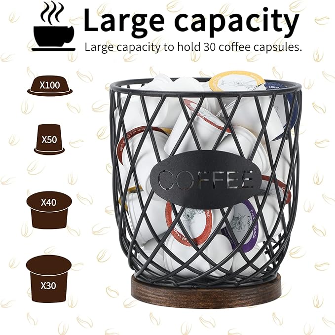 YINMIT K Cup Holder Organizer, Sturdy Coffee Pod Holder Organizer, 35 Kcup Large Capacity Storage Basket for Kitchen Counter and Office Desktop (Circular Grid)