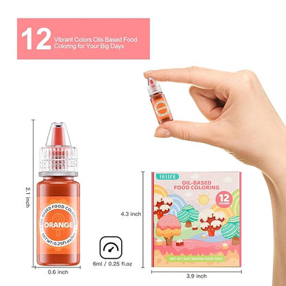Oil Based Food Coloring for Chocolates - Jelife 12 Colors Oils Dye Set Flavorless Edible Food Color Vibrant Concentrated Neon Icing Colors for Candy Melts (6ml/Bottles)
