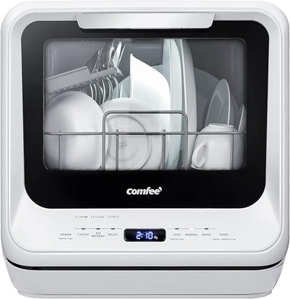 COMFEE' Portable Dishwasher Countertop with 5L Built-in Water Tank, No Hookup Needed, 6 Programs, 360° Dual Spray, 192℉ High-Temp& Air-Dry Function, Mini Dishwasher for RVs, White