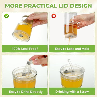 4 Pack 13 Oz Glass Cups with Lids and Straws Glass Iced Coffee Cups with Lids Vintage Glass Tumbler for Beer Ice Coffee Fruit Juice Elegant Aesthetic Cup Glassware Include 1 Cleaning Brushes