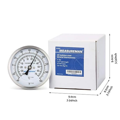 MEASUREMAN Fully Stainless Steel Pot, Kettle, Brewing Bimetal Dial Thermometer, 3" Dial, 2-1/2" Stem, -40-160 deg F/-40-70 deg C, -1% Accuracy, Adjustable, 1/2" NPT Back Mount