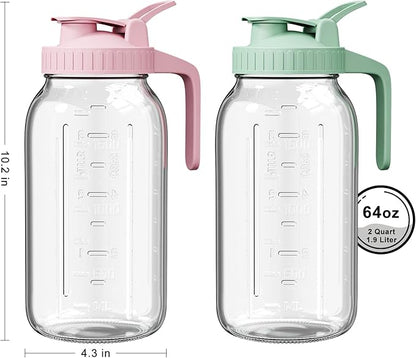 | 2 Pack | 64oz Glass Pitcher with Lid and Spout, 2 Quart (1.9 Liter) Mason Jar Pitcher Wide Mouth, Airtight Water Jug for Juice, Sun Tea, Iced Coffee, Milk Storage, Pink & Green