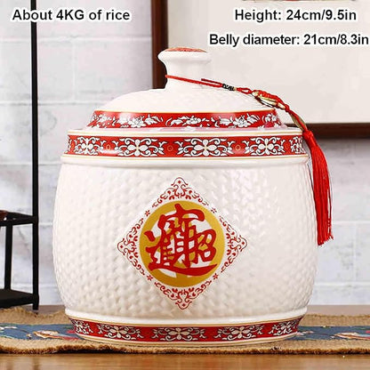 Chinese Sealed Large-Capacity Rice Pot, Ceramic Rice Bucket With Tassel Design, Grain Storage Ceramic Container, Rice Dispenser Airtight Storage Bucket For Grains Snacks Candy Coffee Beans Food(A,Capa