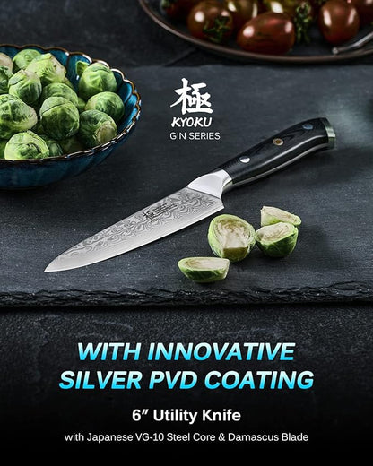 KYOKU Gin Series 5" Utility Kitchen Knife, Japanese VG10 Damascus Stainless Steel Knife with Silver Ion Blade G10 Handle Mosaic Pin, All Purpose Professional for Meat Veg and Fruit