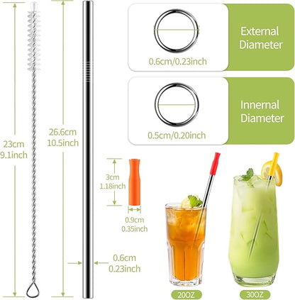 Stainless Steel Metal Straws with Silicone Tips Set of 10 Straight Reusable Drinking Straws for 20oz 30oz Tumblers (10.5'' L 0.24''Dia Staw + 2 Brushes)
