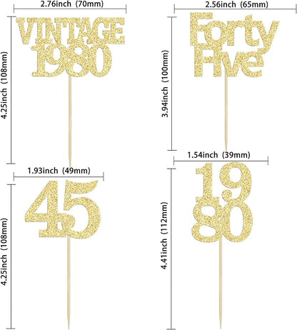 Gyufise 24Pcs 45th Birthday Cupcake Toppers Glitter Cheers to 45 Fabulous Forty Five Vintage 1980 Cupcake Picks 45th Birthday Wedding Anniversary Party Cake Decorations Supplies Gold