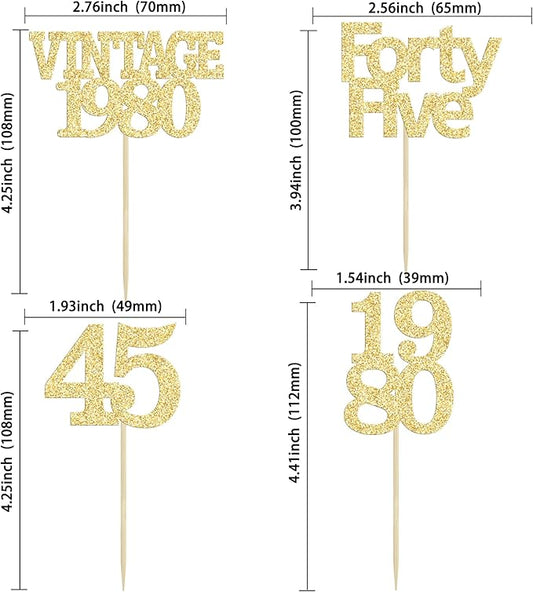 Gyufise 24Pcs 45th Birthday Cupcake Toppers Glitter Cheers to 45 Fabulous Forty Five Vintage 1980 Cupcake Picks 45th Birthday Wedding Anniversary Party Cake Decorations Supplies Gold