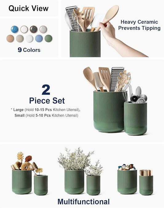 LE TAUCI Utensil Holder, 7.3"+5.4" Ceramic Kitchen Utensil Holder for Countertop, Large Cooking Utensil Crocks for Kitchen Counter, Morden Utensil Organizer for Spatula, Set of 2, Forest Green