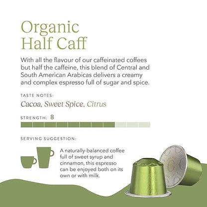 Cru Kafe USDA Organic Half Caff Espresso Coffee Capsules (10 Pods) Fairtrade Coffee Pods Compatible with Nespresso Original Line and Pixie Machines