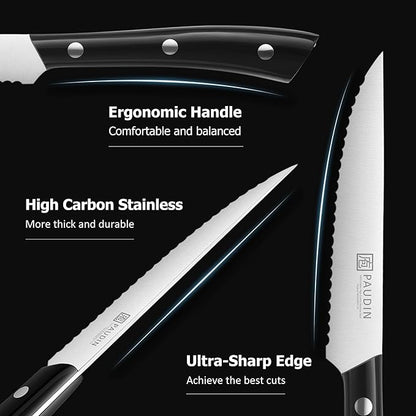 PAUDIN Steak Knives, Steak Knife Set of 8, Razor-Sharp Kitchen Knife Set 4.5 inch, High Carbon Stainless Steel Serrated Steak Knives Set for Kitchen, Full Tang ABS Handle