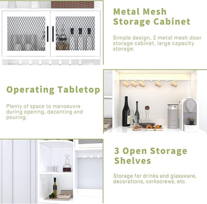 67.3" Tall Modern Kitchen Pantry Storage Cabinet with Drawer and Shelves, Tilt Out Trash Can, Coffee Bar Wine Cabinet with LED Lights and Power Outlet, Wine Glass Rack, 2 Mesh Doors (White)