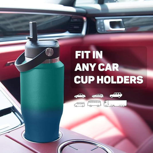 Insulated Water Bottle 32oz with Straw/Spout Lids, Stainless Steel Water Bottles Keep Cold 24h&Hot 12h, Metal Water Bottle with Straw that Fits in Cup Holder, Water Bottle Leak-proof,BPA Free