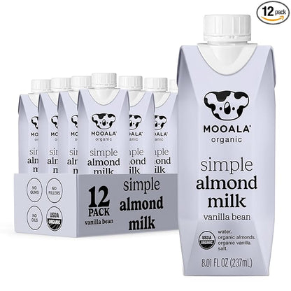Mooala Organic Simple Almondmilk Vanilla- Shelf Stable Single Serve Cartons, 4 Ingredients, No Gums, No Oil, No Fillers, Dairy Free Plant Based Milk, On The Go 12 Pack