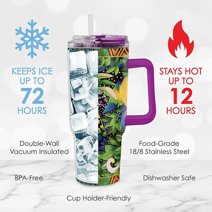 RainCaper 18/8 Stainless Steel Insulated Water Tumbler with Straw | 30oz, BPA-Free, Double Wall for Hot & Cold | Travel-Friendly, Cup Holder Ready (Laurel Burch Jungle Song)