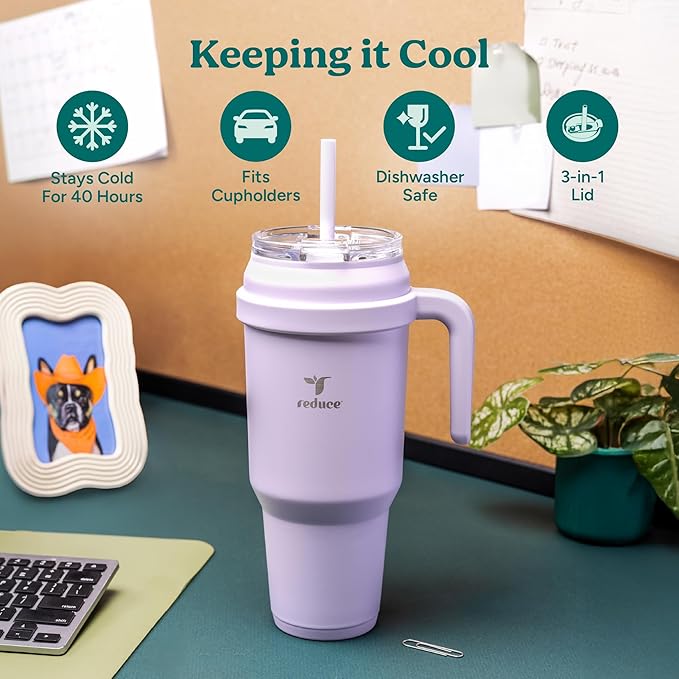 Reduce 50 oz Stainless Steel Tumbler with Handle - Dual-Wall Vacuum Insulated Travel Mug, Sweat-Proof Lid & Reusable Straw - Keeps Drinks Cold for 24 Hrs, Fits Cupholders, Dishwasher Safe - Crisp Mint