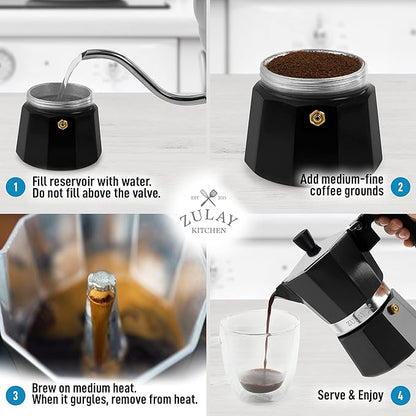 Zulay Classic Stovetop Espresso Maker for Great Flavored Strong Espresso, Classic Italian Style 3 Espresso Cup Moka Pot, Makes Delicious Coffee, Easy to Operate & Quick Cleanup Pot (Black)