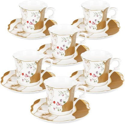 fanquare 2.5 Ounce Demitasse Cup and Saucers, 12 Pieces Ceramic Espresso Cups Set of 6, Brown Marble Pattern Espresso Mugs for Coffee Bar Home