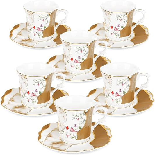 fanquare 2.5 Ounce Demitasse Cup and Saucers, 12 Pieces Ceramic Espresso Cups Set of 6, Brown Marble Pattern Espresso Mugs for Coffee Bar Home