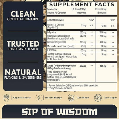 Yerba Mate Brain Tea Powder for Men - Daily Nootropic Drink for Clean Energy, Focus & Mood Support | Powered by Citicoline, L-Theanine, L-Tyrosine & Lion’s Mane | Wisdom Tea - Sweet Tea - 30 Servings