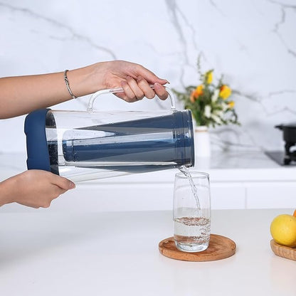 GLACIER FRESH 7 Cup Purela Glass Water Pitcher with 1 Ultrafiltration Membrane and Activated Carbon Filter, Reduces 99% Chlorine, PFOA&PFOS, Coliforms, BPA Free Materials, Blue