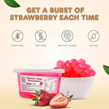 Fanale Strawberry Popping Boba Pearls, Vegan, Non GMO, Gluten Free, Fat Free, Perfect for Bubble Tea, Smoothies, Ice Cream, Desserts, and Beverages.