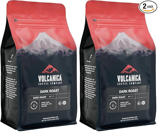 Volcanica Coffee, Dark Roast Coffee, Ground, Fresh Roasted, 16-ounce (Pack of 2)