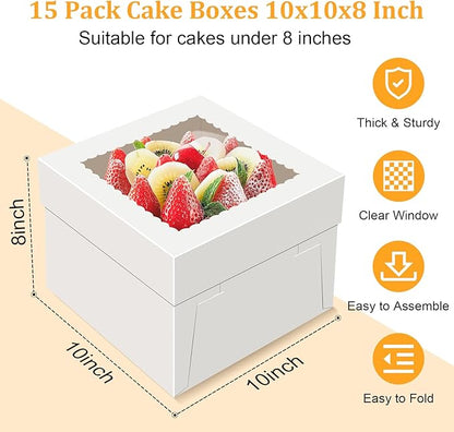 15 PCS Cake Boxes 10 Inch, 10x10x8 Tall Cake Box, 10 Inch Cake Box with Window, White Bakery Boxes, Large Baking Boxes, Cajas Para Pasteles, 10x10 Cake Boxes for Birthday, Wedding, Party, Business