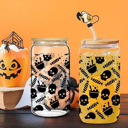 Skull Shaped Tumbler - 16oz Black Gothic Glass with Lid and Straw, Dark Aesthetic Iced Coffee Cup, Birthday and Gothic Horror Theme Gift