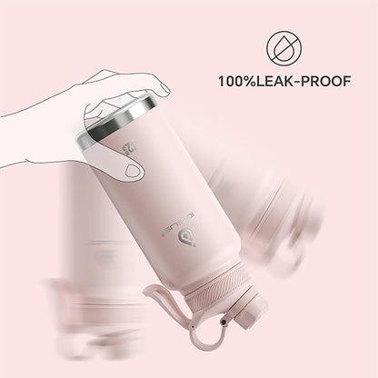 IDEUS Insulated Stainless Steel Water Bottle with 2 Leak-Proof Lids, Thermal Water Flask for Hiking Biking, 32oz, Light Pink