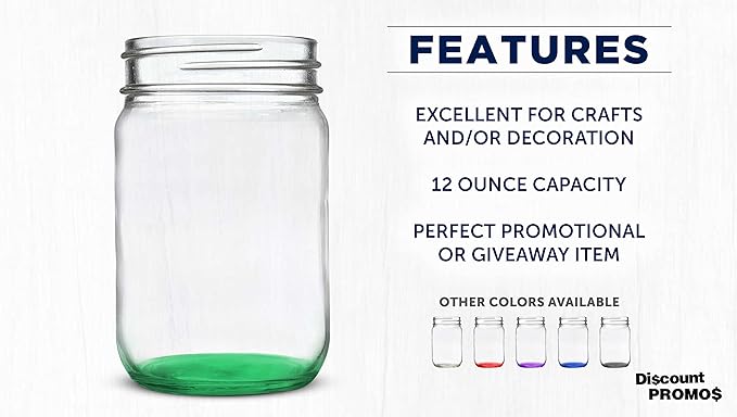DISCOUNT PROMOS Decorating Mason Jars 12 oz. Set of 10, Bulk Pack - Glass Jars for Overnight Oats, Candies, Fruits, Pickles, Spices, Beverages - Green